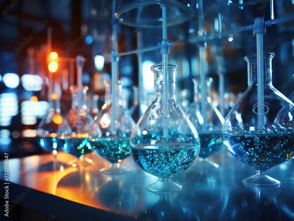Poster laboratory flasks with blue liquid in them. generative ai.