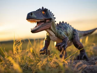 Zelfklevend Fotobehang A toy dinosaur is standing in a field. Generative AI. © serg3d