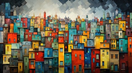 A painting of colorful buildings in a city. Generative AI.