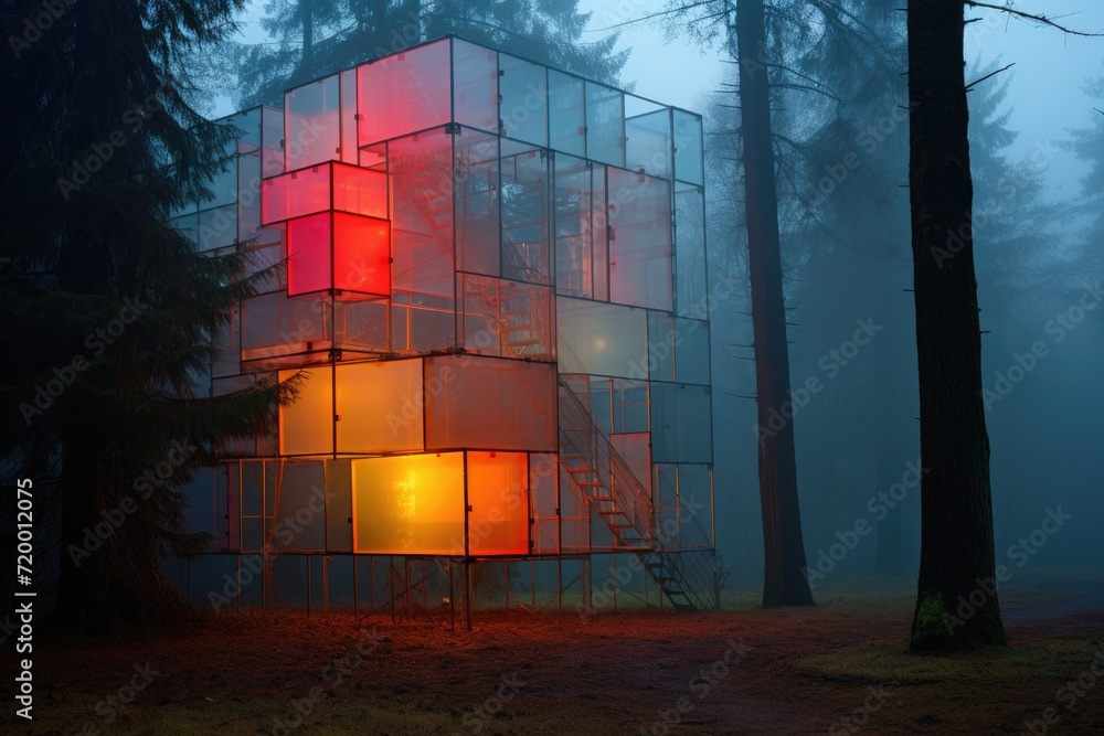 Poster a tree covered in glass and a ladder in the middle. generative ai.