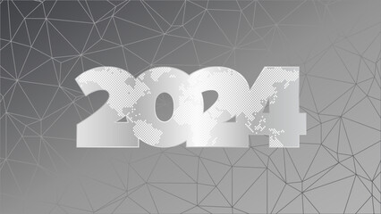 2024 year sign with world map contour. Triangle background. Vector gradient silver symbol for business, infographic, web design, presentation. Low poly pattern - 720012010