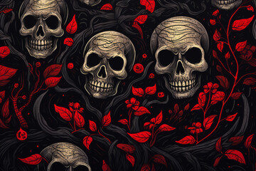 Group of skulls with red leaves on them and black background.