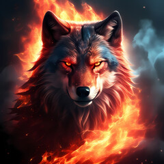 Fantasy illustration of a wolf with fire on a dark background