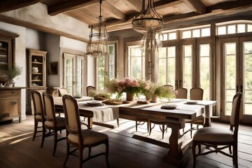 A sunlit dining room featuring a long wooden table, antique chairs, and a bouquet of fresh flowers, embodying the rustic yet refined aesthetics of French country design.