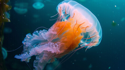 Obraz premium Illuminated jellyfish moving through the water. Isolated on dark background. a jellyfish with a purple body and blue tentacles is swimming in the water with a blue background and a blue sky. Common 