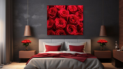 Bedroom with bed and poster. Created with Ai