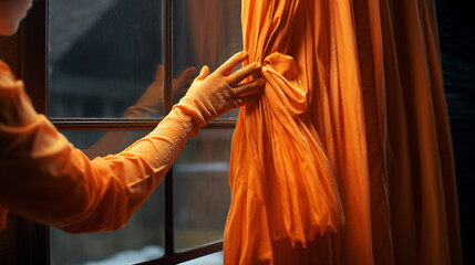 A woman in orange gloves washes the window