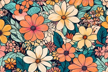 Zelfklevend Fotobehang Retro vibes bloom in this HD-captured vintage 70s style floral artwork, embodying a groovy and colorful pastel nostalgia. © Best