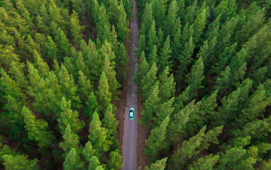 Aerial view of dark green forest road and white electric car Natural landscape and elevated roads...