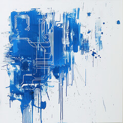 Blue brushstroke resembling a circuit board pattern on a clean white canvas