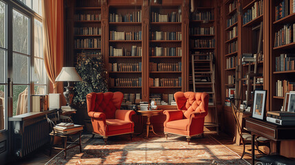 Cozy Home Library with Red Armchairs and Sunlight - obrazy, fototapety, plakaty