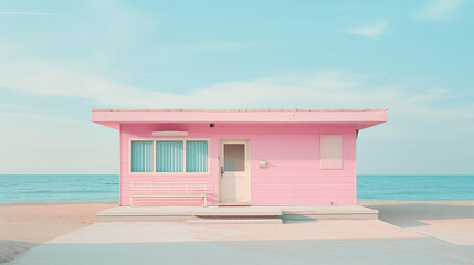 Retro Pink Beach House Against Clear Blue Sky