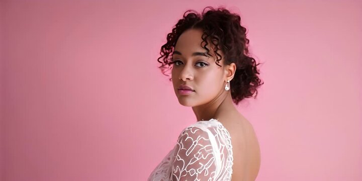 Young black woman with curls against a pink background.