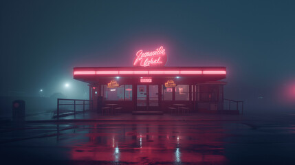 Neon-Lit Diner on a Foggy Night