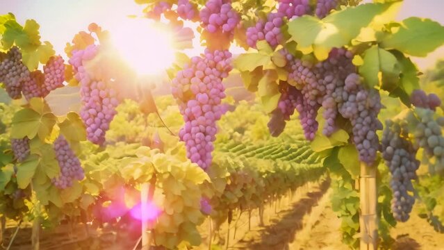 Seasonal Cinemagraph background. Picturesque vineyard at sunset. Red grapes hanging in vineyard. Rows of grapes in Stellenbosch near Cape Town, South Africa. Branch of grapes ready for harvest.