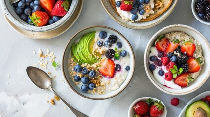 Healthy Breakfast, showcasing healthy food avocado, berry, egg, yogurt