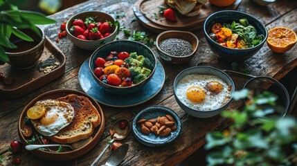 Fototapeta na wymiar Healthy Breakfast, showcasing healthy food like berry, egg, yogurt