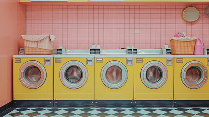 Pastel Laundromat with Yellow Washing Machines