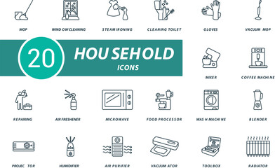 Household outline icons set. Creative icons: mop, window cleaning, steam ironing, cleaning toilet, gloves, vacuum mop, mixer and more