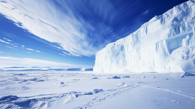 Towering ice wall under a sweeping blue sky.