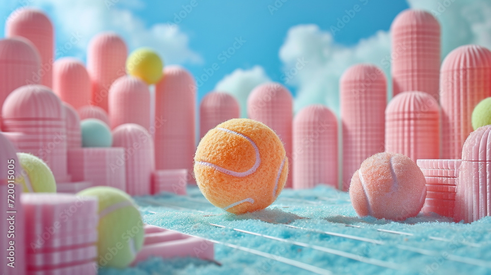 Poster an image of a tiny tennis racket navigating through a pastel-colored obstacle course, with a matchin