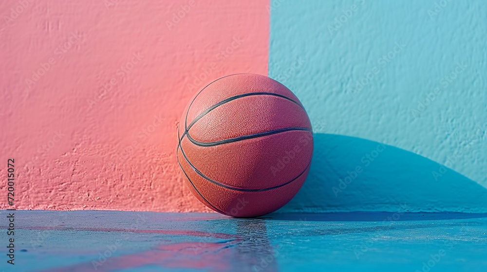 Poster an image of a basketball transformed into an abstract pastel geometric shape on a simple background,