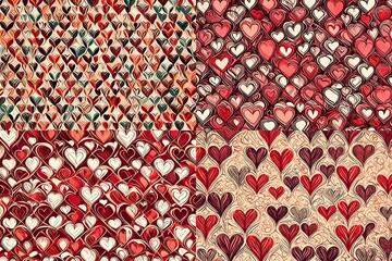 A symphony of interlocking hearts unfolds in a retro-style illustration, creating a seamless pattern that radiates with creative energy in romantic shades.