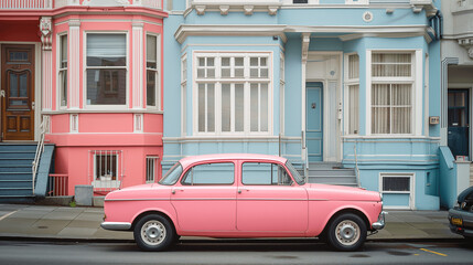 Vintage Pink Car Parked in Front of Pastel Houses