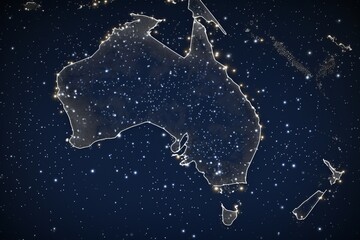 Australia Map with Night Sky Overlay, Illustrating Constellations and Southern Hemisphere Stars, on a White Background, Generative AI