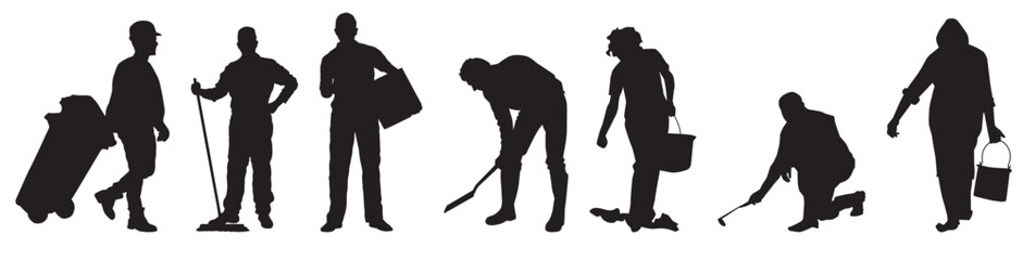 Various group of people cleaning Silhouette concept. 