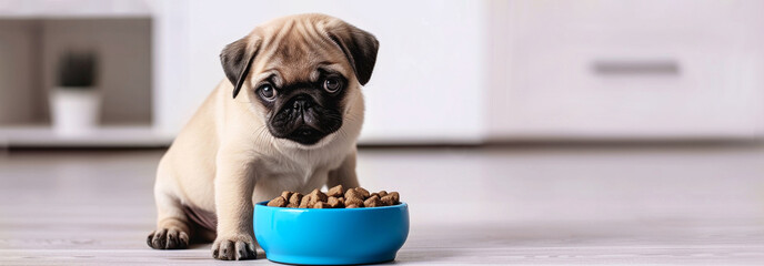 Cute pug puppy sits on the floor next to a bowl of dry food in the living room. Banner with place for text. Animal care concept