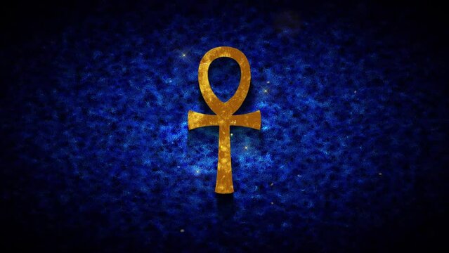 Ankh Key Of Life Ancient Egypt Symbol Gold Texture Glitter Dust Reveal On Dark Blue Shiny Grunge Subtle Grain Texture Effect Background