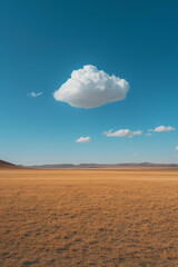 A minimalist scene with a lone, small cloud above an African plain, suggesting vastness,