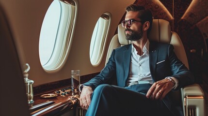Man in Luxury Seated in Private Business Plane, Glamorous Elegance in the Sky - obrazy, fototapety, plakaty