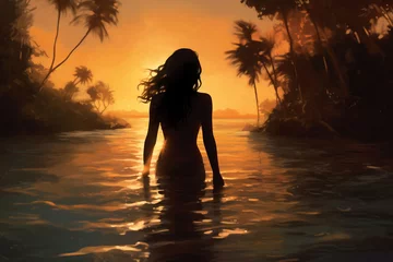  Silhouette of a beautiful young woman in the sea at sunset. Young woman meditating in the sea at sunset. beach travel, relaxing on tropical beach at sunset, vacation and tourism © Nadezhda