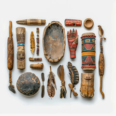 Top view of native americans tribes daily life items, wooden and feather objects of use flat lay on white background