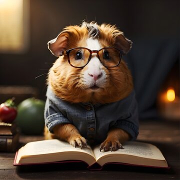 Mouse and book, funny guinea pig in glasses reading a book sitting on the table