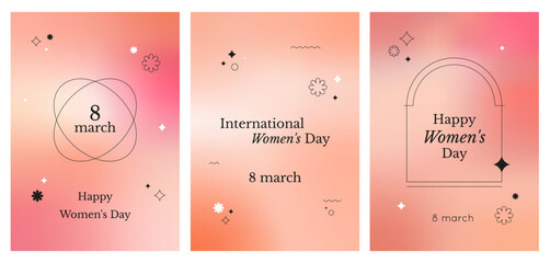 Set of women's day cards in y2k style. Geometric flowers and stars, outline graphics, typography on blurred and gradient pink and beige background. Minimalistic feminist greeting posters