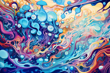 Vibrant colorful abstract painting, depicts a dynamic mix of swirling, splashing, and dripping liquids paints in various colors. Abstract scene.