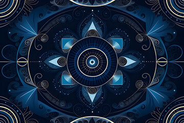 Abstract background with geometric shapes including spirals diamonds and concentric circles. batik inspired illustration.