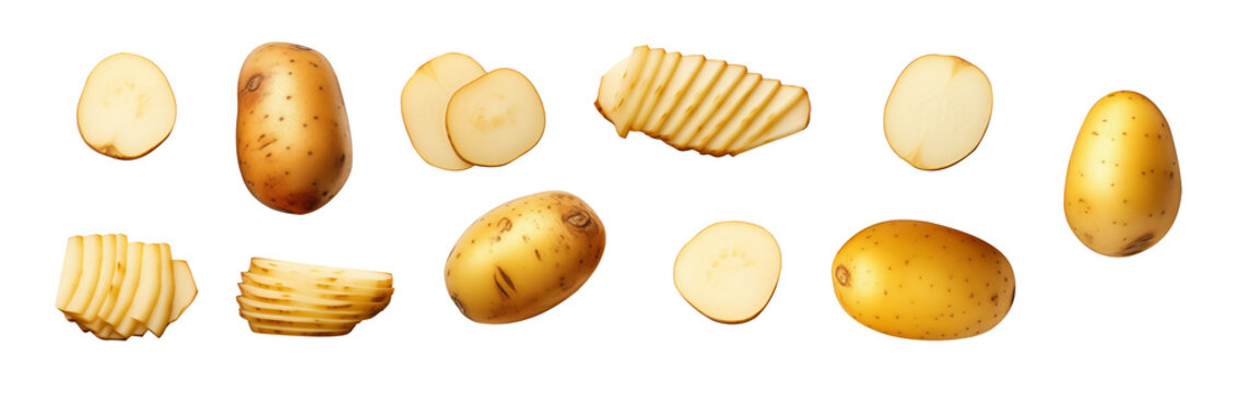 Potato and alices isolated on white background, png cut outs 
