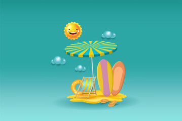 Concepts of a summer vacation with a surfboard.
 Planning vacations and vacations at sea. 3d vector illustration.