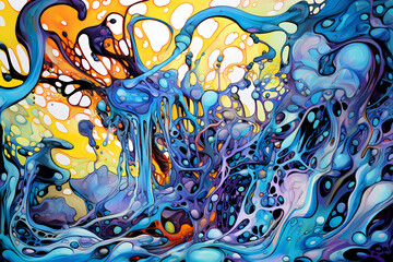 Vibrant colorful abstract painting, depicts a dynamic mix of swirling, splashing, and dripping liquids paints in various colors. Abstract scene.