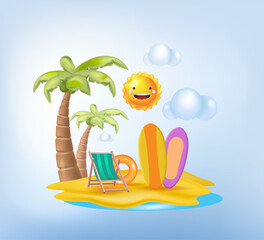 Concepts of a summer vacation with a surfboard.
 Planning vacations and vacations at sea. 3d vector illustration.