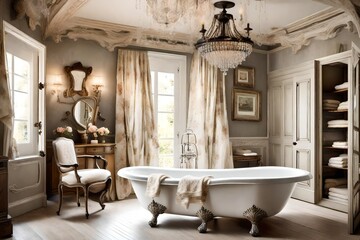 A bathroom with a freestanding clawfoot tub, vintage-inspired fixtures, and a chandelier, creating a luxurious and romantic retreat within the French country interior style.