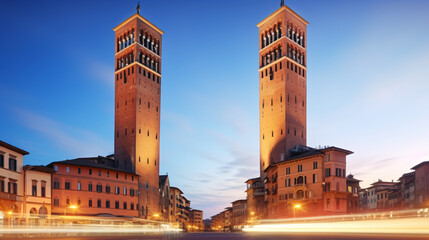 Two famous falling Bologna towers - obrazy, fototapety, plakaty