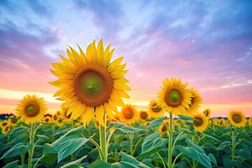 Fototapeta premium row of sunflowers with a colorful sunset sky in the background