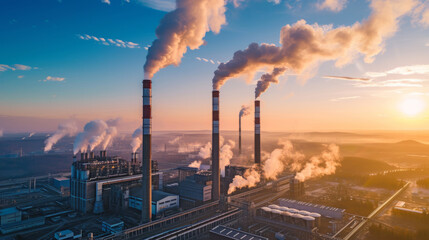 Factory polluting the environment with smog from pipes - 720017802