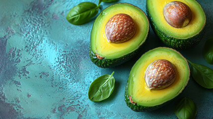 Fresh Halved Avocados with Basil on Textured Turquoise Background