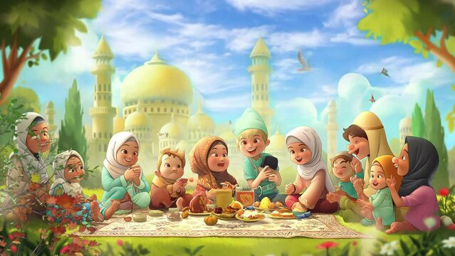 celebration of ramadan with a culture of happy gathering and eating together animation looping video 4k